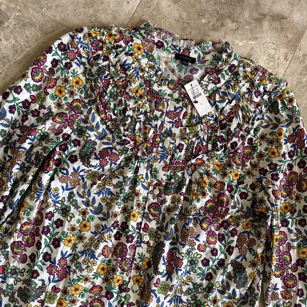 Talbots Womens Blouse Button Front Floral Colorful Long Sleeve Shirt Career Wear